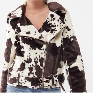 urban outfitters faux cow print moto jacket
